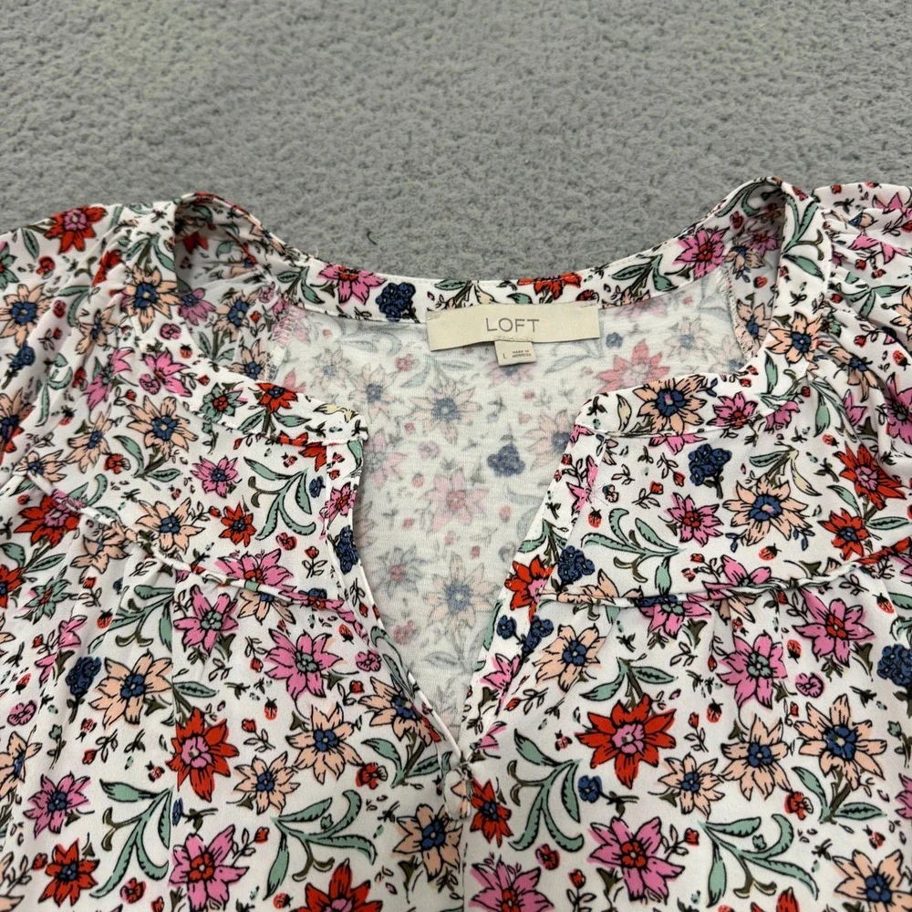 LOFT Top Womens Large Floral Print Split Neck Puff Sleeve Knit White Red
